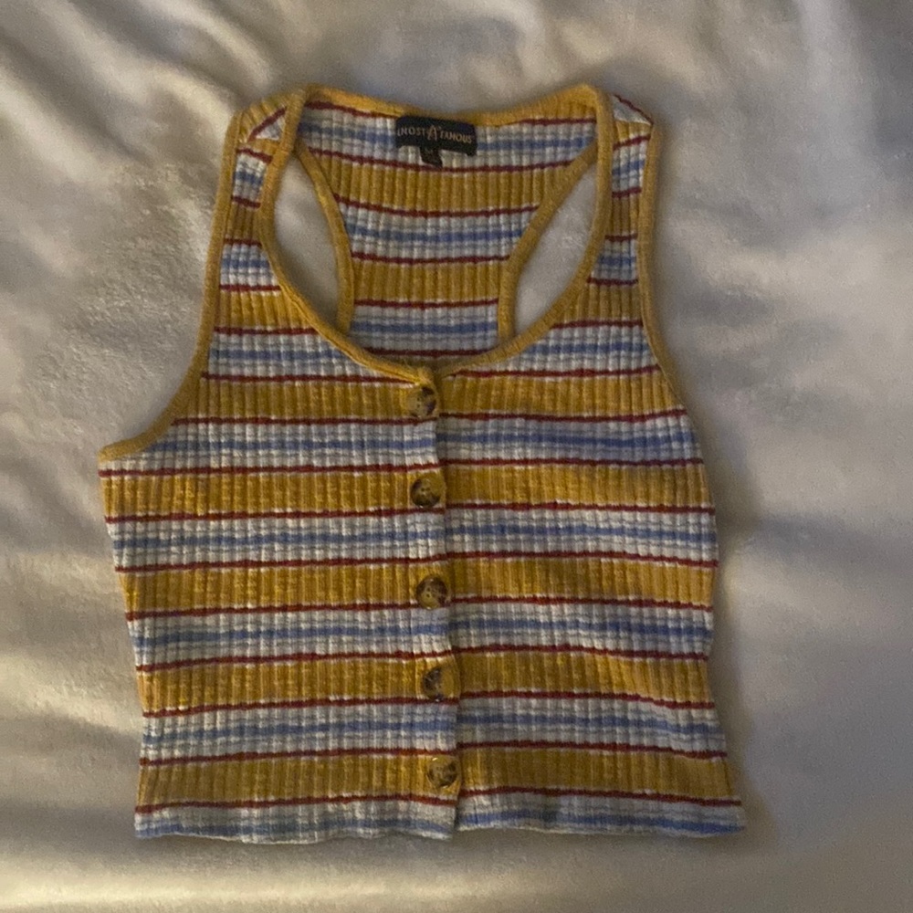 Tank top, size medium, mustard yellow with stripes, and brand almost famous